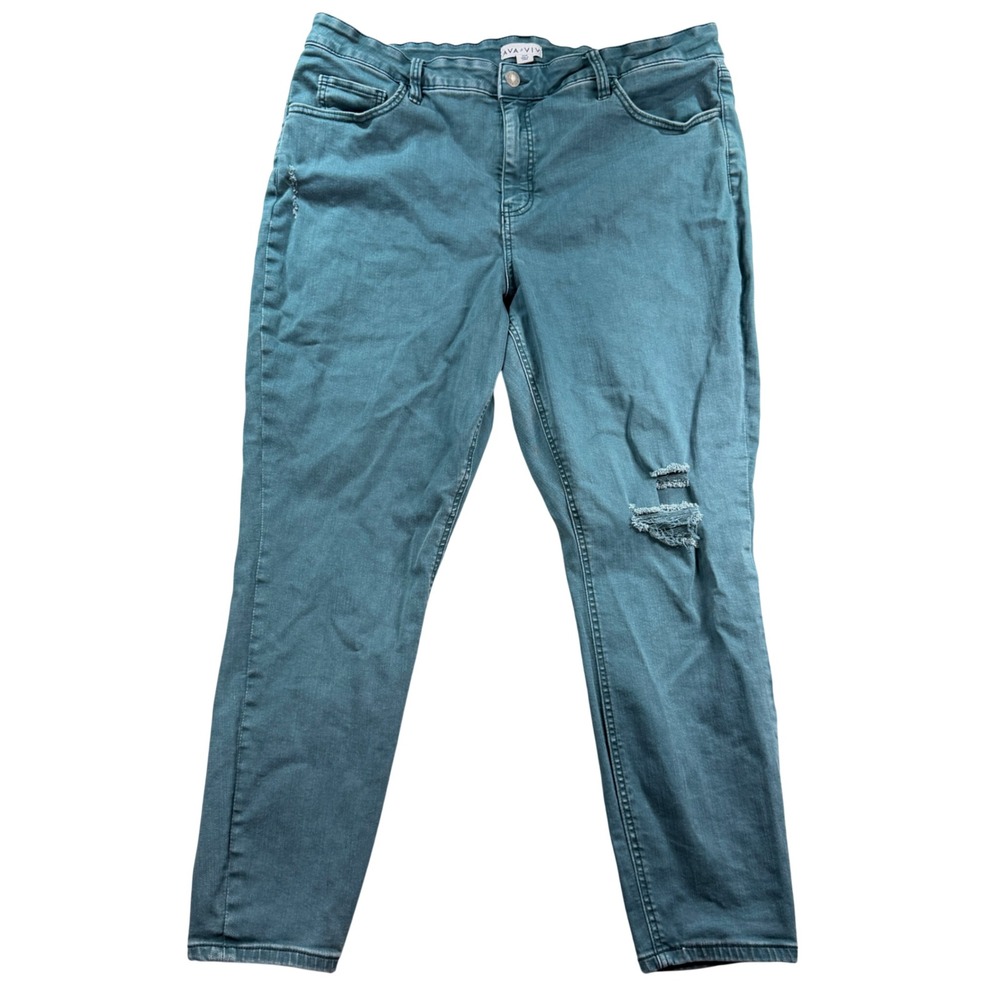 Ava & Viv Jeans Skinny Distressed Cotton Blend 20W Teal Green Plus Size Ripped